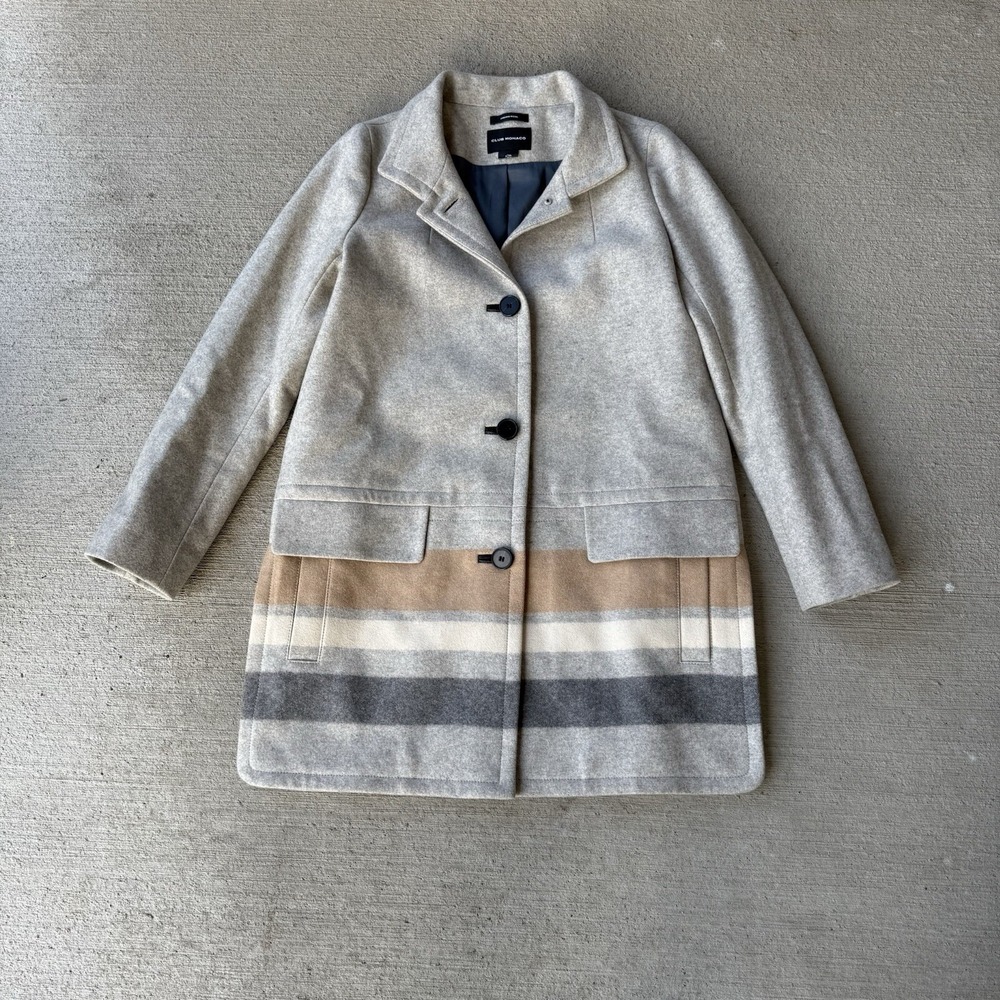 Club Monaco Wool Striped Car Coat Women's Small Gray Button Front Lined